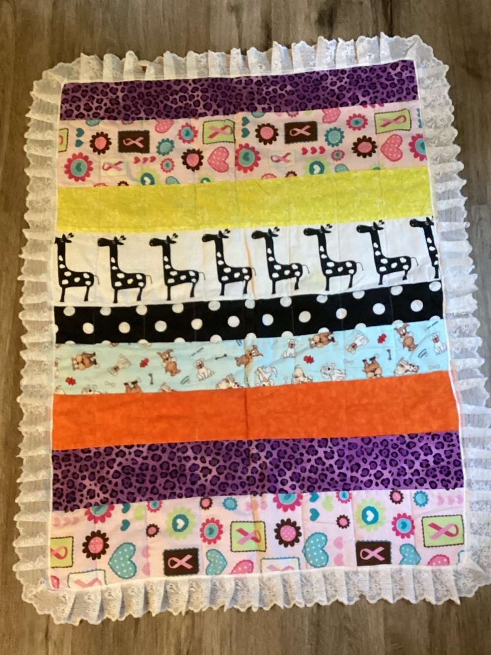 Bamboo Cuddle Handmade  Patchwork Baby Quilt with Giraffe, Puppies & Pink Strips